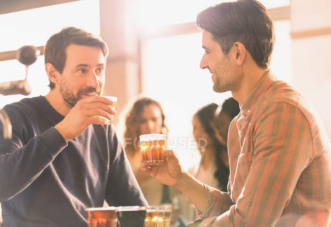 Homens amigos provando cerveja no bar da microcervejaria — Fotografia de Stock