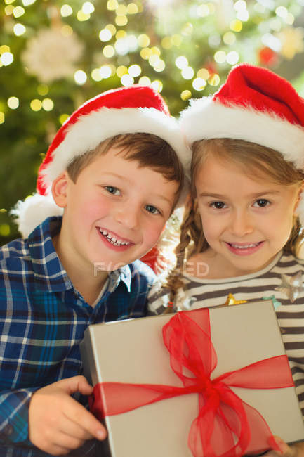 Retrato sorrindo irmão e irmã em chapéus de Santa segurando presente de Natal — Fotografia de Stock