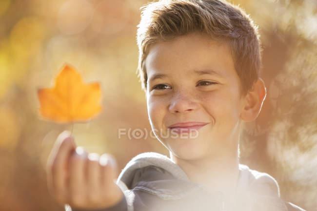 Close up boy holding golden autumn leaf — Stock Photo
