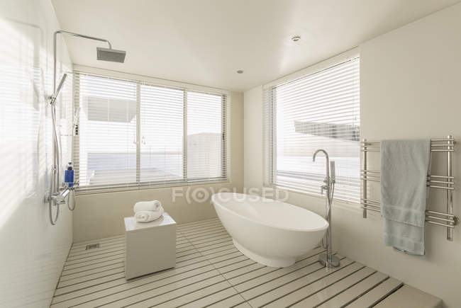 Minimalistisches, modernes Luxus-Wohnvitrinenbad mit großzügiger Badewanne und Dusche — Stockfoto