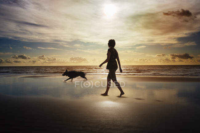 Silhueta de mulher e cão andando na praia — Fotografia de Stock