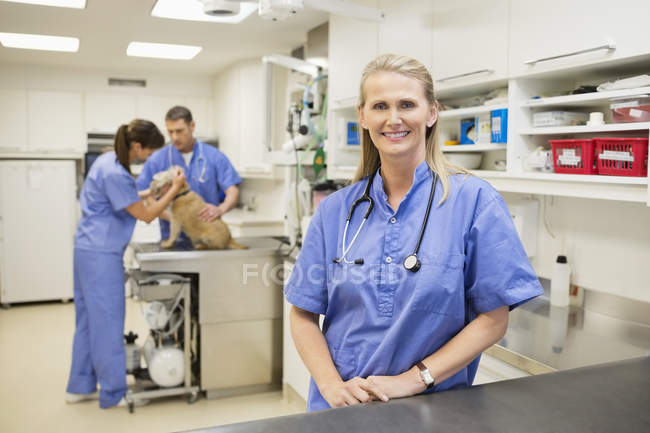Veterinario sonriente de pie en cirugía veterinaria - foto de stock