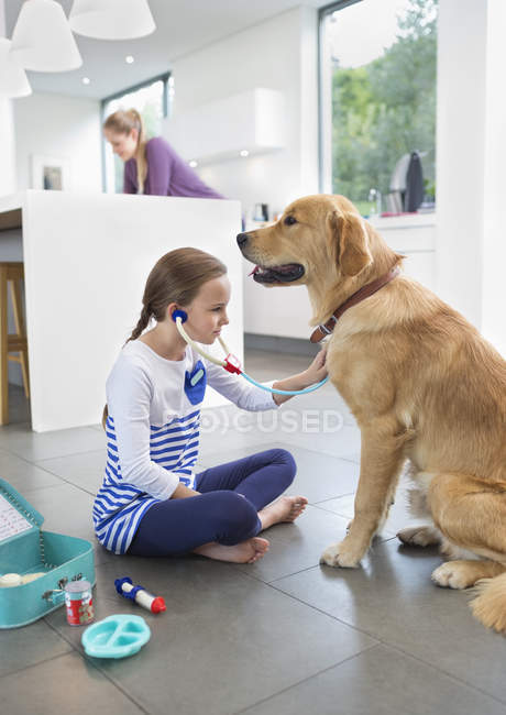 Girl playing doctor with dog in kitchen — Stock Photo