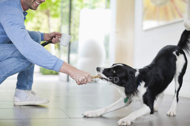 Man playing with dog in kitchen at modern home — Stock Photo