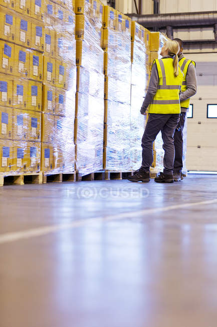 Travailleurs examinant des piles de boîtes dans un entrepôt — Photo de stock