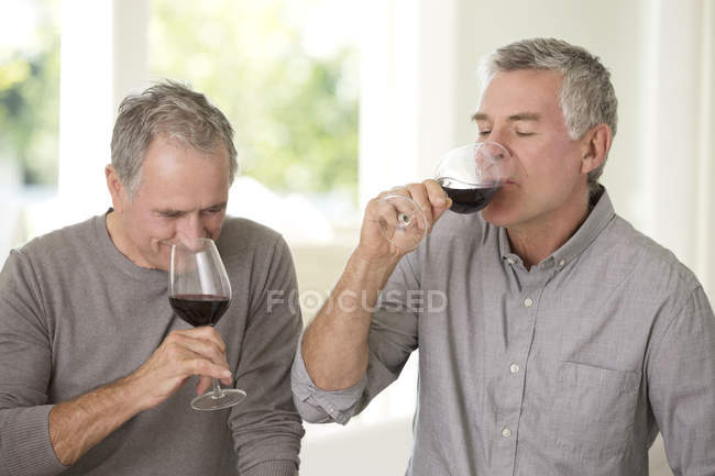 Hauts hommes caucasiens boire du vin ensemble — Photo de stock