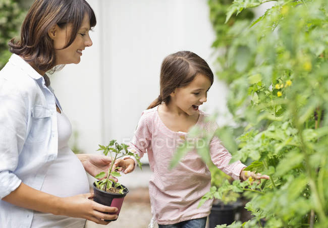 Pregnant mother and daughter gardening together — Stock Photo