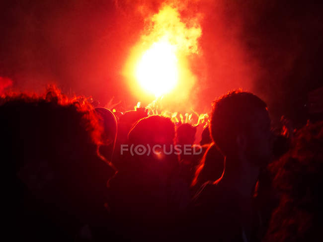 Pyrotechnics display on stage at music festival — Stock Photo