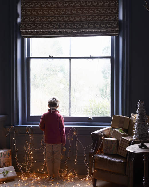 Rear view of boy playing with Christmas lights — Stock Photo