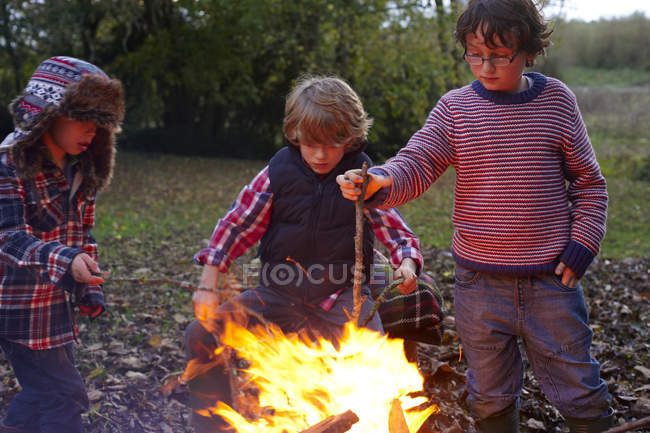 Meninos construindo fogueira no gramado do país — Fotografia de Stock