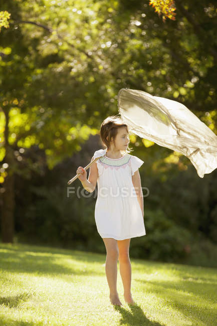Chica llevando red de mariposa en la hierba - foto de stock