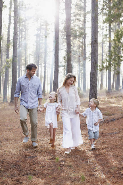 Happy family holding hands and walking in sunny woods — Stock Photo
