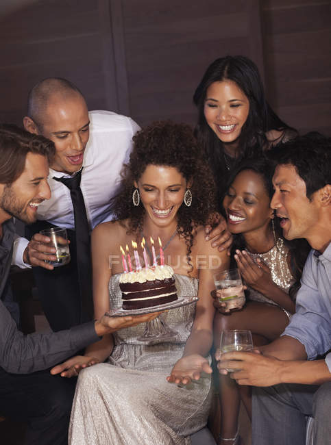 Young attractive Friends celebrating birthday — Stock Photo