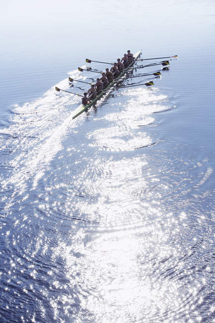 Rowing team rowing scull on sunny lake — Stock Photo