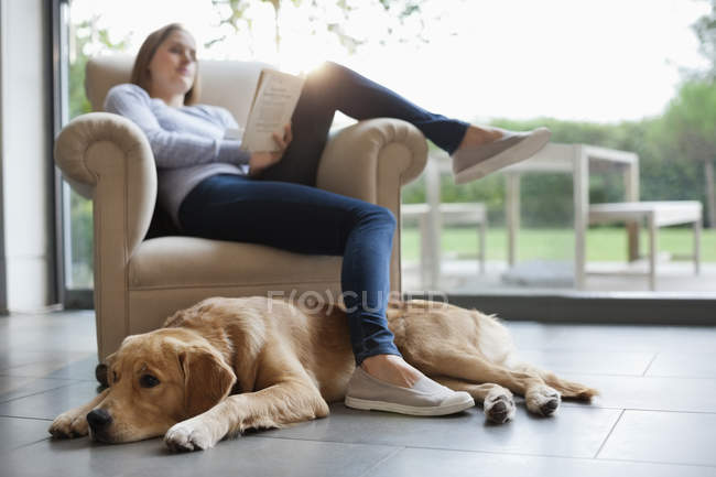 Cão sentado com mulher na sala de estar — Fotografia de Stock