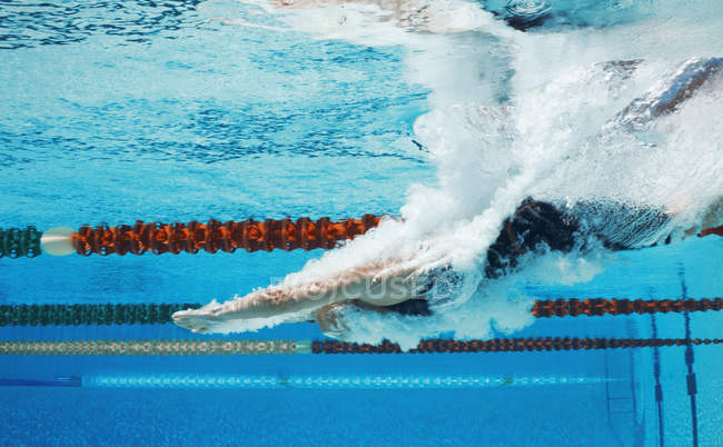 Плавець занурюється у воду в басейні — стокове фото
