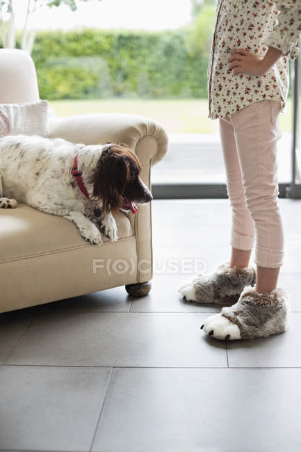 Girl scolding dog in armchair, cropped image — Stock Photo
