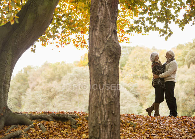 Anziani coppia caucasica abbracci nel parco — Foto stock