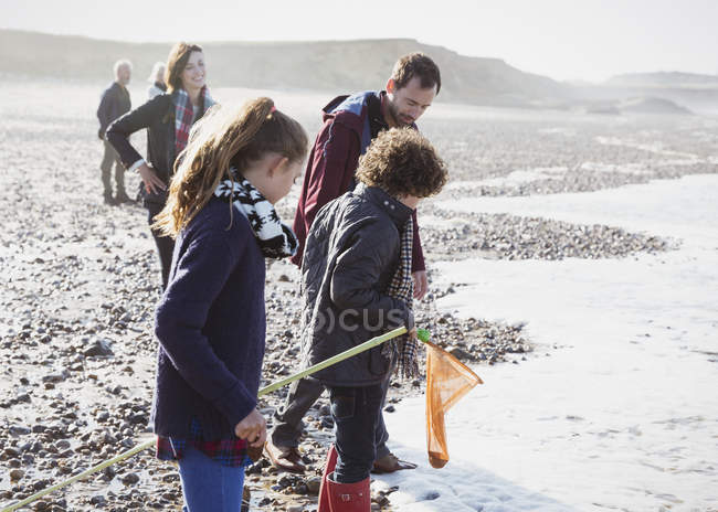 Famille multi-génération clamming sur la plage rocheuse — Photo de stock