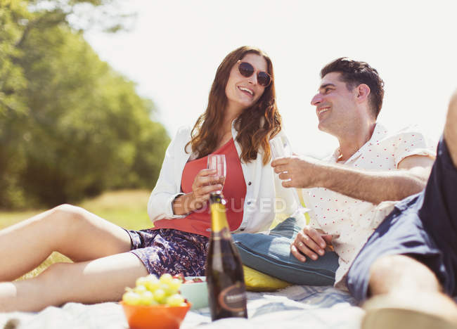 Paar trinkt Champagner auf Picknickdecke im sonnigen Feld — Stockfoto