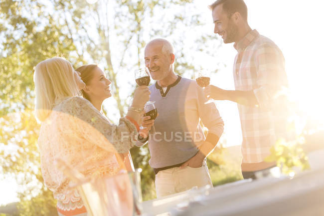 Coppia di anziani e bambini adulti che bevono vino sul patio soleggiato — Foto stock