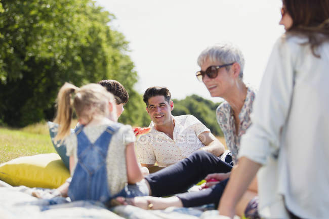 Multi-generation family relaxing on blanket in sunny field — Stock Photo