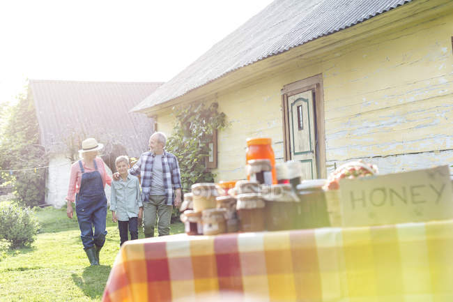 Grandparents and grandson walking toward rural honey stand — Stock Photo