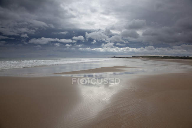Облака отражаются в воде на пляже — стоковое фото