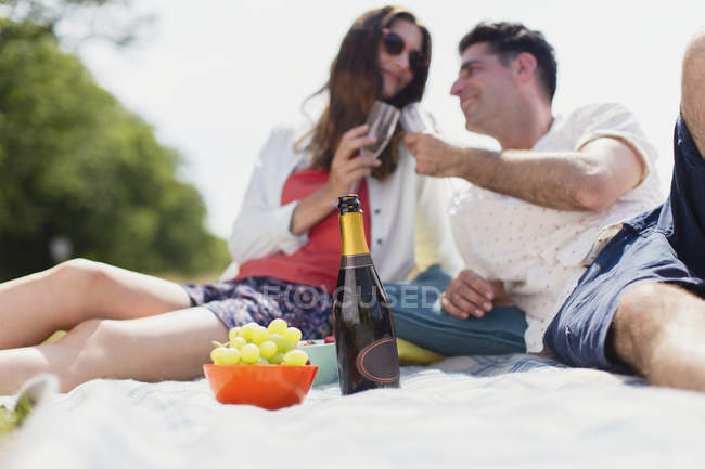 Paar prostet Sektgläser auf Picknickdecke zu — Stockfoto