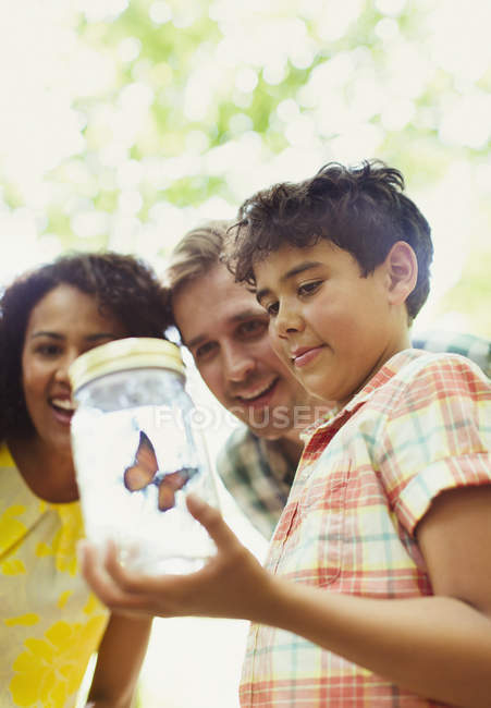 Familia viendo mariposa en frasco - foto de stock