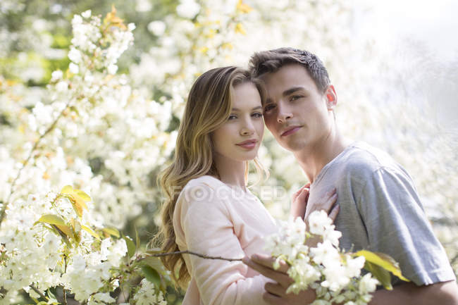 Пара обнимающихся под деревом с белыми цветами — стоковое фото