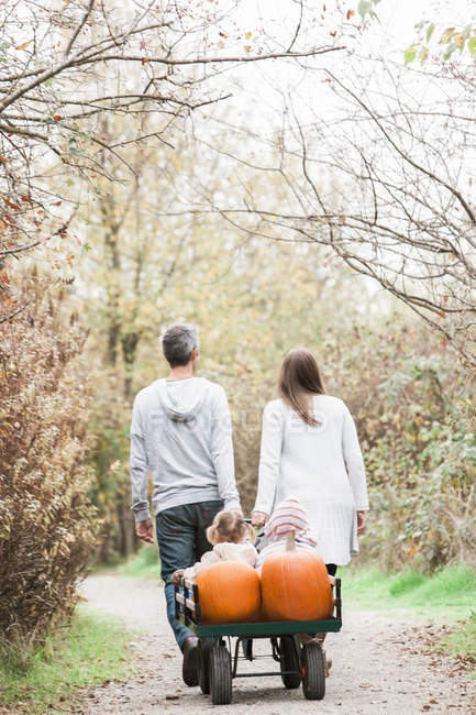 Parents pulling toddler children and pumpkins on wagon in park — Stock Photo