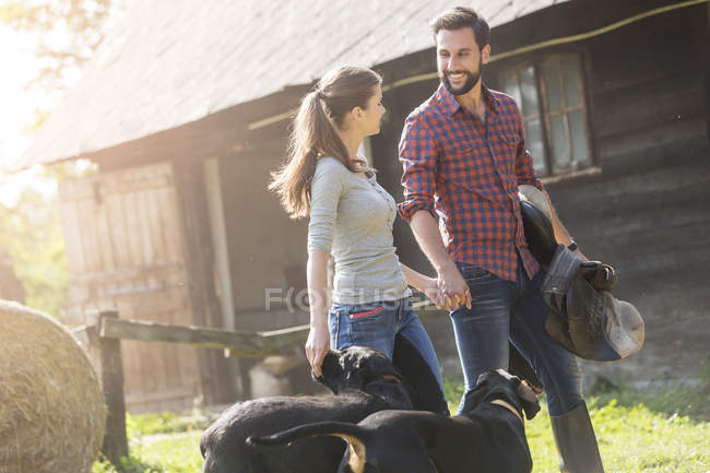 Couple avec selle et chiens tenant la main à l'extérieur de la grange rurale — Photo de stock