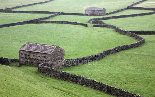 Steinhäuser und Mauern auf grünen Feldern — Stockfoto