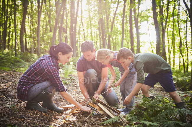Семейное строительство костра в лесу — стоковое фото