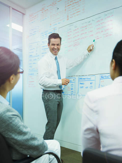 Businessman leading meeting at whiteboard in conference room — Stock Photo