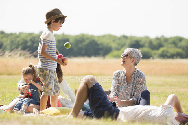 Familia multigeneracional en campo soleado - foto de stock