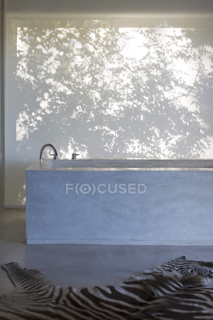 Ванна і зебра друкують килим у сучасній ванній кімнаті — стокове фото