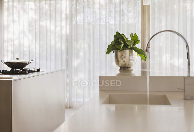 Legumes por pia no interior da cozinha moderna — Fotografia de Stock