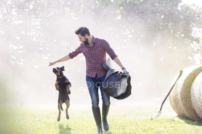 Mann mit Sattel geht mit springendem Hund — Stockfoto