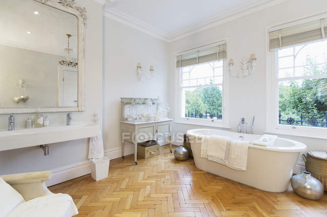 Home vetrina bagno interno con pavimento in parquet — Foto stock