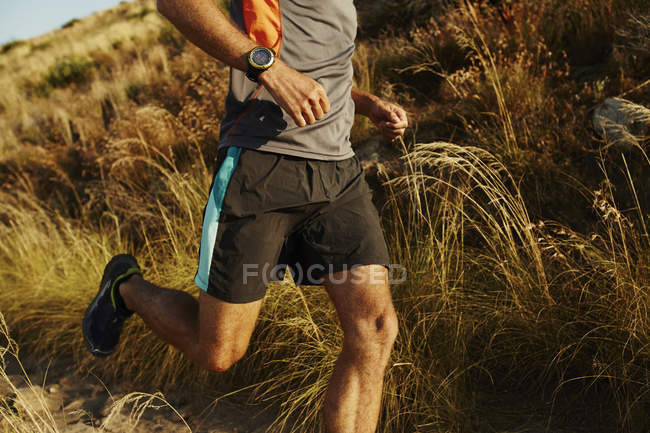 Hombre corriendo por el sendero a través de hierba alta - foto de stock