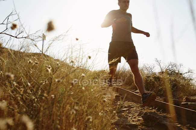 Man running down sunny trail — Stock Photo