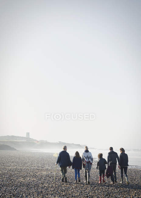Famille multi-génération marchant sur une plage ensoleillée dans une rangée — Photo de stock