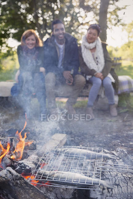 Amis regardant la cuisson du poisson dans le panier de grill sur le feu de camp — Photo de stock