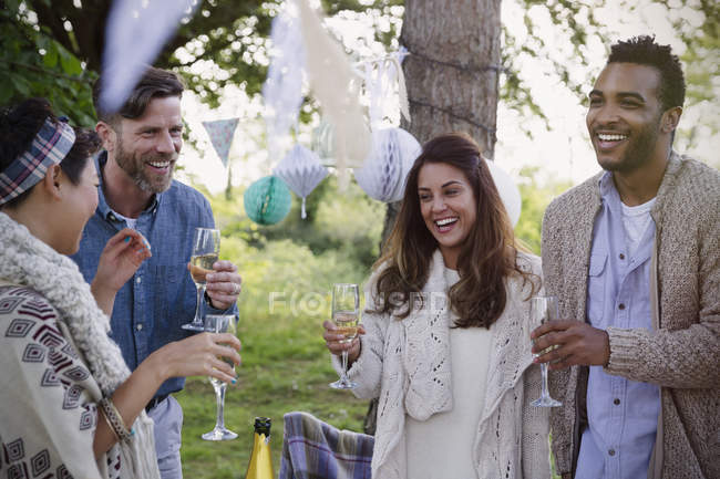 Amigos sonrientes bebiendo champán en la fiesta del jardín - foto de stock