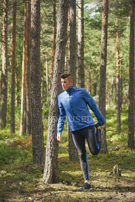 Runner stretching leg at tree in woods — Stock Photo