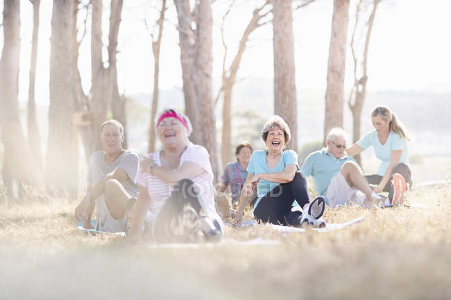 Sorrindo adultos idosos praticando ioga no parque ensolarado — Fotografia de Stock