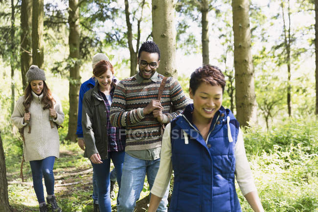 Friends hiking in woods during daytime — Stock Photo