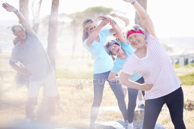 Senior adults practicing yoga in sunny park — Stock Photo